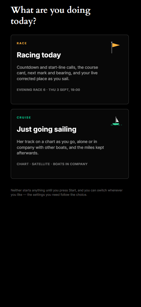 The sail app opening on one question, What are you doing today, with two cards: Racing today, and Just going sailing