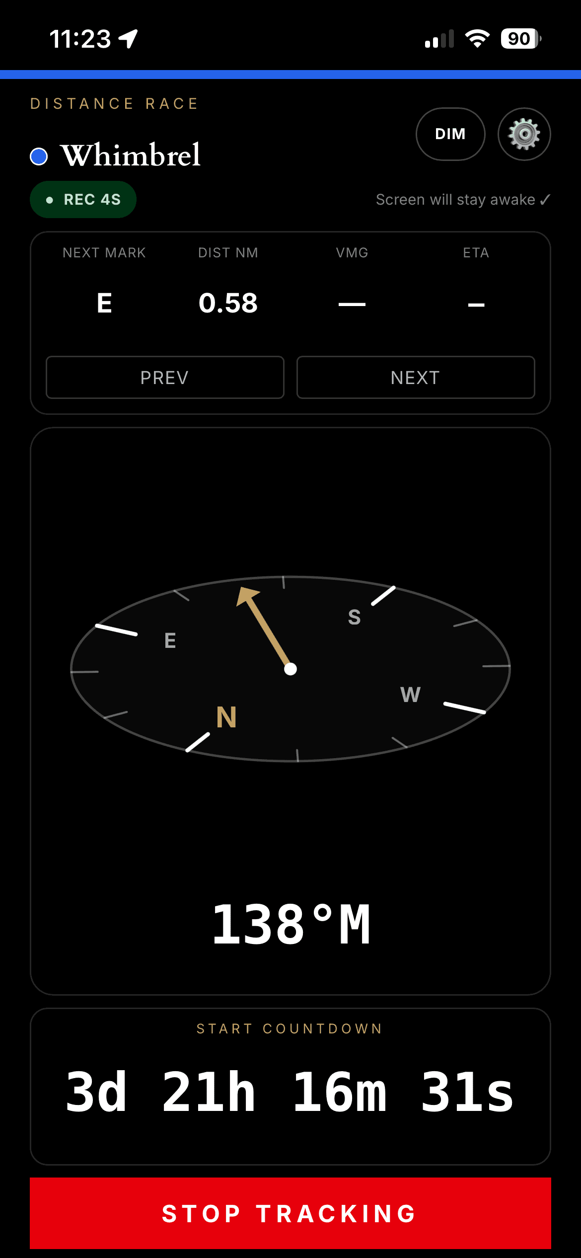 Mylne Sail racing aboard Whimbrel: next mark E at 0.58 nautical miles, a compass card reading 138 degrees magnetic, and the start countdown running